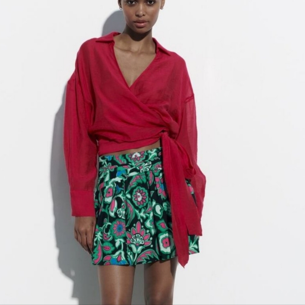 NWT Zara Floral Print Linen Blend Mini Skirt, Size XL